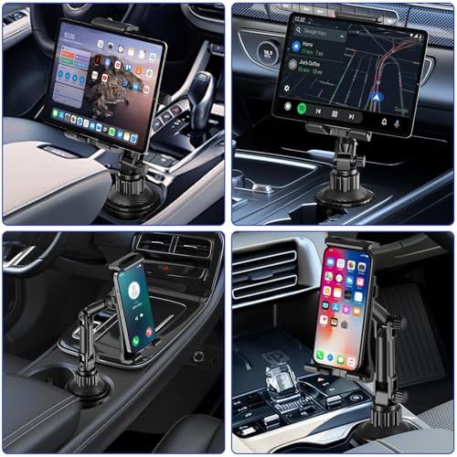 Tablet Holder for Car, for iPad Cup Holder Car Mount with 1.57" Depth Large Clamp 15" Height Adjustable Tab Mount Holder for 6"-12.9" Cell Phone iPhone iPad Stand Travel Accessories 1