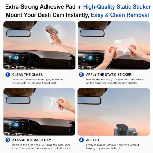 Compatible with Nextbase Series 2 Dash Cams – 122, 222, 322GW, 422GW, 522GW, 622GW, 6-Pack Adhesive Pads(3 Front + 3 Rear) + 6 Static Stickers, Front & Rear Mount Set, Black High-Bond Adhesive