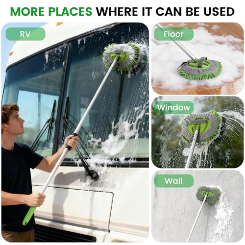 Car Wash Brush with Long Handle, 62'' Car Wash Mop, 7Pcs Chenille Microfiber Cars Washing Kit with Window Squeegee/Microfiber Towels /Wheel Brush for Cars RV Truck Boat Floor Window, Green - color: Green