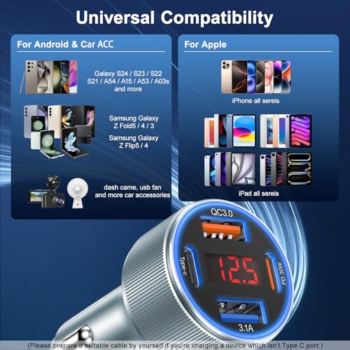 Car Phone Charger for iPhone 17 16 15, Besgoods USB C Car Charger Adapter 4 Ports with Voltmeter PD&QC Fast Charging Cigarette Lighter for Galaxy S25 S24 S23 A16 Dash Cam, with 6ft USB C to C Cable - color: grey charger+white cable
