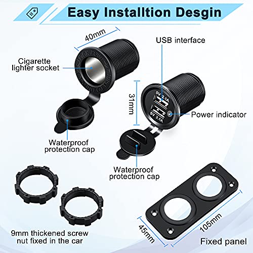 ELECTOP Cigarette Lighter Socket Outlet Splitter, 12V USB Outlet USB Charger 12 Volt Socket Power Outlet with LED, Waterproof Power Socket Panel Adapter DIY Kit Dual USB Ports for Car Boat Marine RV