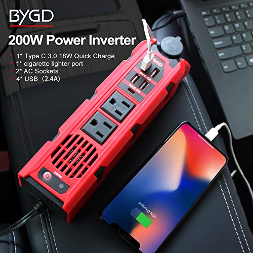 BYGD 200W Car Power Inverter DC 12V to 110V AC Car Adapter Outlet Converter - color: Red
