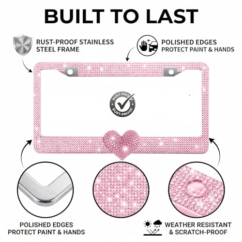 1 Pack Pink Bling License Plate Frame with Pink Rhinestone Heart - color: Pink Frame+Pink Heart