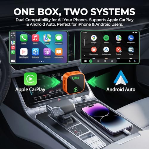 2 in 1 Wireless CarPlay Android Auto Wireless Adapter, Plug & Play Fast Auto-Connect Dongle, 2.4G/5.8G WiFi Bluetooth 5.2 Compact Design for Wired CarPlay/Android Auto Vehicles(Orange) - color: Orange