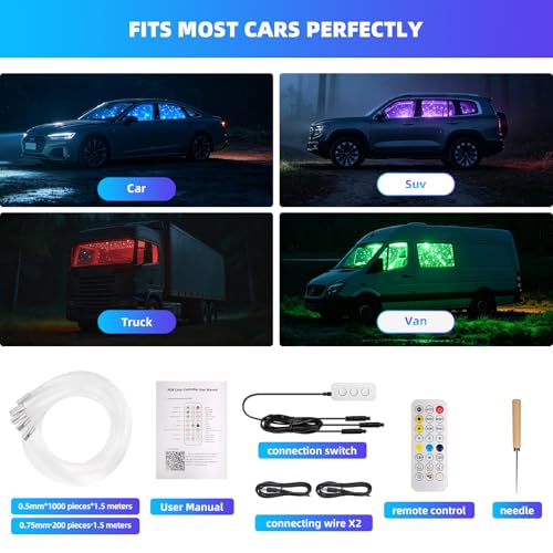 Split Headliner Star Light Kit, 1200pcs Ceiling Fiber Optic Lights APP/Remote Control Music Mode RGBW Sound Activated Easy to Hide for Car Roof Home Ceiling Lights - size: 1200pcs of 4.9ft(0.02+0.03in)