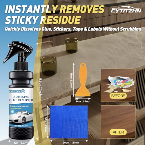Adhesive Remover, Sticker and Decal Remover Spray, Quickly Removes Glue, Labels and Tape Residue, Safe for Car Paint and Glass, Includes Scraper and Towel, Portable Size-3.4oz/100ml