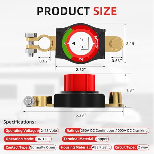 Joinfworld Top Post Battery Disconnect Switch 12V-48V Battery Kill Switch Negative On/Off Battery Switch for Cars, Vehicles, RVs and Boats - color: 250A On-Off Top Post