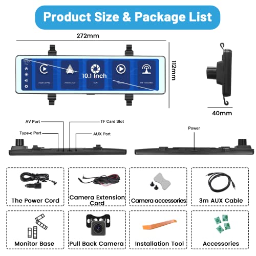 11.26 Inch Dashcam Front and Rear View Mirror Camera, Wireless CarPlay Android Auto Screen, Rearview Mirror Dash Cam with Bluetooth/Dual Cameras/AUX/Split Screen/Voice Control/1080P Backup Camera - style: 11.26 Inch+Backup Camera
