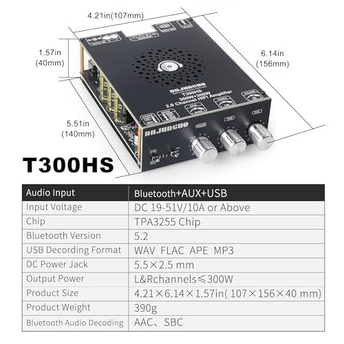 T300HS Amplifier Board with Treble and Bass Control, DC 9-24V, BT and AUX Inputs, 2.0 Channel Stereo AMP Board for DIY Wireless Speakers, Password Free - color: T300HS (Black1)