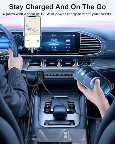 Fast Car Charger USB C, Cigarette Lighter Adapter, 4 Port 120W Dual Type C & USB A Car Charger Adapter PD/QC Fast Charging for iPhone 16/15/Pro Max, iPad, Samsung Galaxy, Pixel, Android