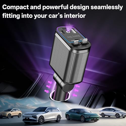 Retractable Car Charger, 4-in-1 Fast Charger with USB-C & USB-A - color: Purple Starry Sky Light