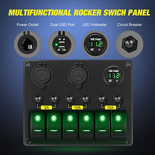 Nilight 6 Gang Rocker Switch Panel On Off Toggle Resettable Circuit Breaker - color: Green, size: 6+3 Gang Dual USB