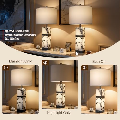 Scenekoy 27" Alabaster Table Lamp Set of 2 with Night Light for Living Room - color: Black
