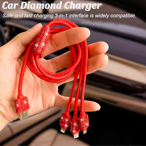 Bling Dual USB Car Charger, Rhinestone 3-in-1 Cable, Red - color: Red