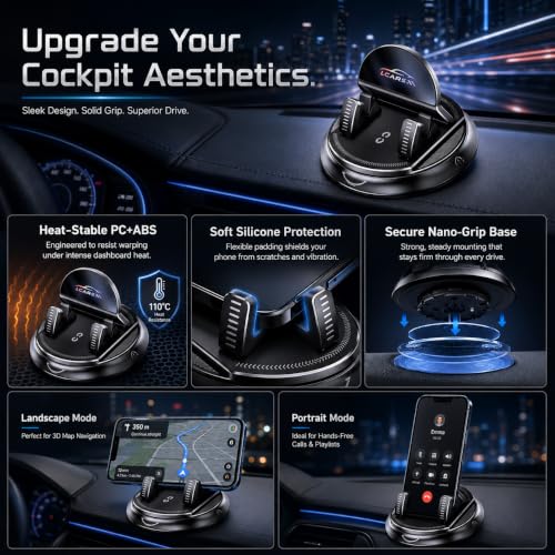 Dashboard Phone Holder 360° Rotating Low-Profile Mount with Silicone Grip Thick-Case Friendly Smartphone Stand for GPS, Black - color: Black