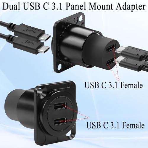 QIANRENON Dual USB C 3.1 Panel Mount Adapter - 10Gbps Female to Female Data Charging Connector, Feedthrough Bulkhead Mount Socket for D Type/XLR Panel