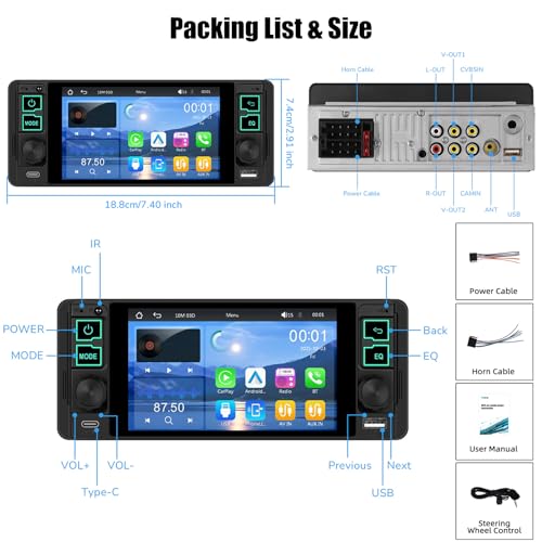 Single Din Car Stereo with Wireless Apple Carplay Android Auto, 5.1" InCell Touchscreen Car Radio with Bluetooth 5.2 Handsfree Mirror Link 1 Din Head Unit with FM/Type-C/USB/EQ/Microphone