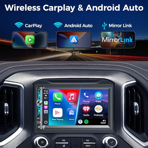 7" Double Din Car Stereo with Wireless Apple Carplay & Android Auto, Bluetooth, 240W, SWC, Subwoofer Out, Mirror Link, USB-C/AUX/TF, FM/AM Car Radio Receiver, Backup Camera - style: Volume knob + 4 physical buttons