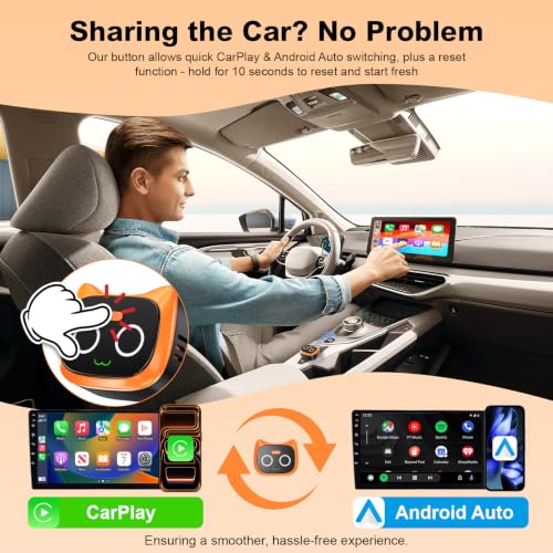 2 in 1 Wireless CarPlay and Android Auto Adapter, Easy Setup Plug and Play, Fast Seamless Use Supports 1000+ Cars with Built-in Wired Car Play/Android Auto Compact Design Car Adapter - color: Orange