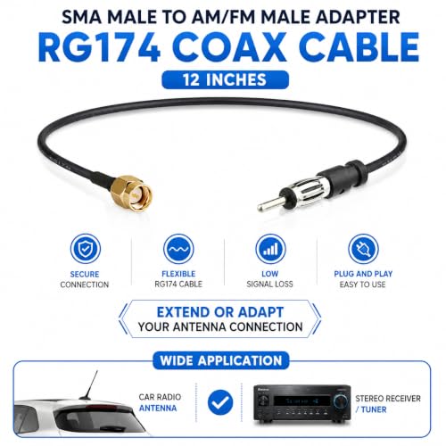 SMA Male to AM/FM Male Adapter RG174 Coax Cable 12 inches Pigtail Jumper RF coaxial Cable for Radio Antenna