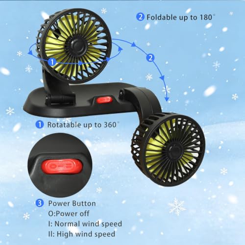 12V Dual Head Car Cooling Fan, Brushless Motor, 2 Speed, 360° Rotation, Dashboard Mount, Cigarette Lighter Powered, for Cars, SUVs, Trucks, RVs & Vans - color: 12V