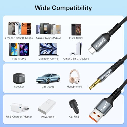 J&D USB C to 3.5 mm Car Aux Cable, 2 in 1 3.5 mm TRS Aux Headphone Jack Cable for Car with Charger Cord, Support PD 60W Charge, Compatible with a Wide Range of Mobile Phones, Grey, 4 ft