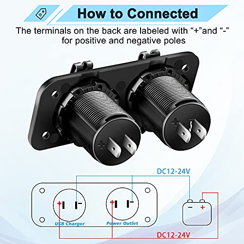 ELECTOP Cigarette Lighter Socket Outlet Splitter, 12V USB Outlet USB Charger 12 Volt Socket Power Outlet with LED, Waterproof Power Socket Panel Adapter DIY Kit Dual USB Ports for Car Boat Marine RV