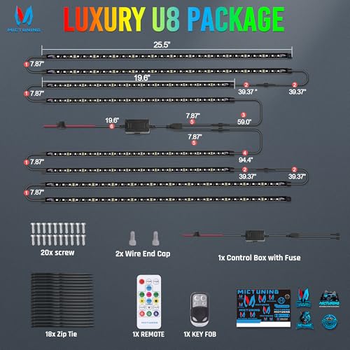 MICTUNING U8 RGB Underglow LED Light Bar, Dual Remote Control, Multicolor Underbody Light Strip with Aluminum Housing, Car SUV Exterior Neon Accent IP68 Waterproof, 8pcs - size: RGB & 2 Remote