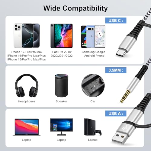USB C to 3.5mm Audio Adapter Aux Cable for Samsung Galaxy A17 A16 A15 S26 - color: White