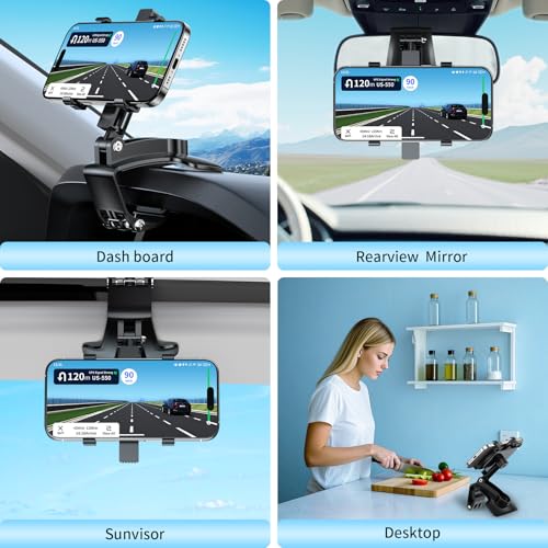 Universal 360°Dashboard Phone Mount - Multi-Functional Visor/Rearview Rotating Car Holder for 4-7" Phones, Non-Slip Adjustable Clamp Holder (Black)
