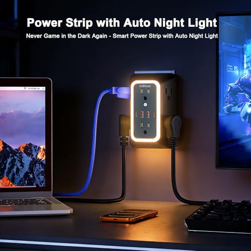 Wall Outlet Extender with Night Light, Power Plug Adapter 6 Outlet Extender with 4 USB Charging Ports(2 USB C),1050J Power Strip Multi Plug Adapter Spaced for Home Office Travel-Black-ETL - color: Black-1Pcs