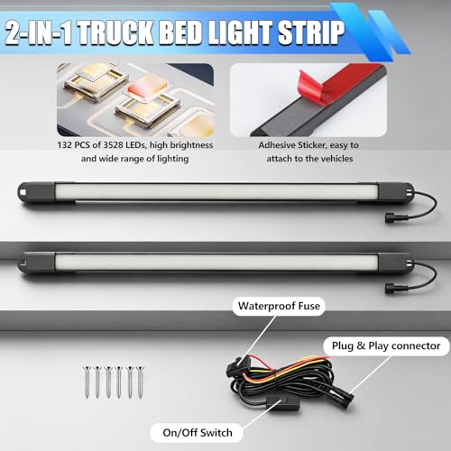 LED Truck Bed Lights with On/Off Switch & Extension Wiring Kit, Waterproof 6000K White 132 LEDs Cargo Pickup Truck Bed Lighting Strip for Truck Pickup SUV Cargo Van RV Boat, 2 PCS
