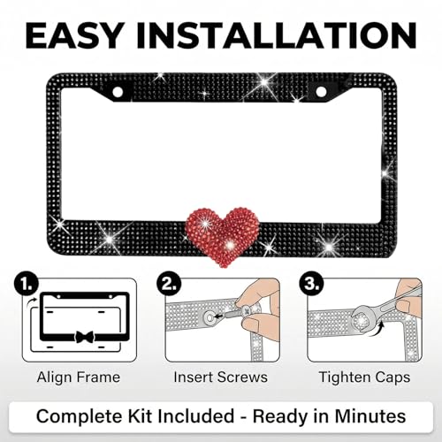 1 Pack Black Bling License Plate Frame with Red Rhinestone Heart - color: Black Frame+Red Heart