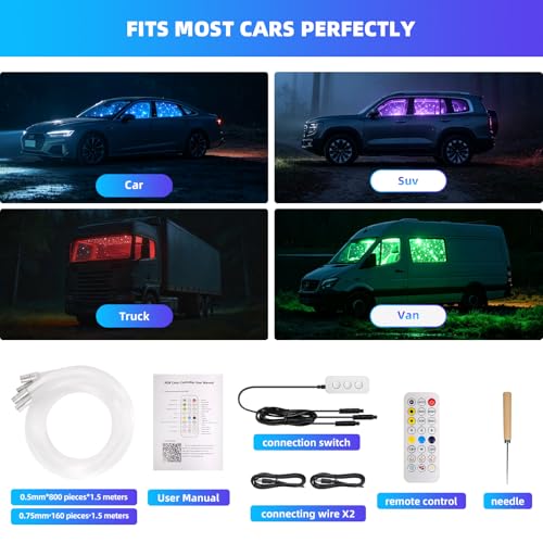 Split Headliner Star Light Kit, 960pcs Ceiling Fiber Optic Lights APP/Remote Control Music Mode RGBW Sound Activated Easy to Hide for Car Roof Home Ceiling Lights - size: 960pcs of 4.9ft(0.02+0.03in)