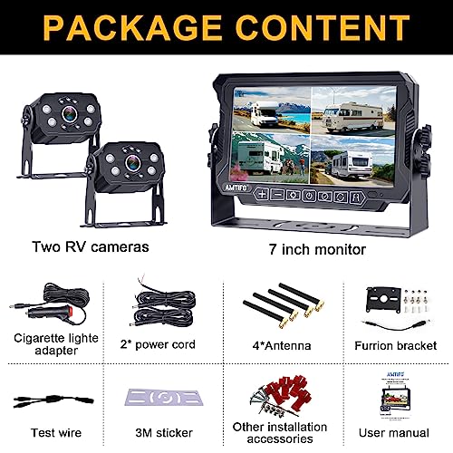 AMTIFO Wireless RV Backup Camera System - 2 HD 1080P Cameras with 7" Split-Screen Monitor,Compatible with Furrion Pre-Wired RVs,Loop Recording,Night Vision,Easy Install for Trailers Campers Trucks - size: 7 Inch - 2 Cameras