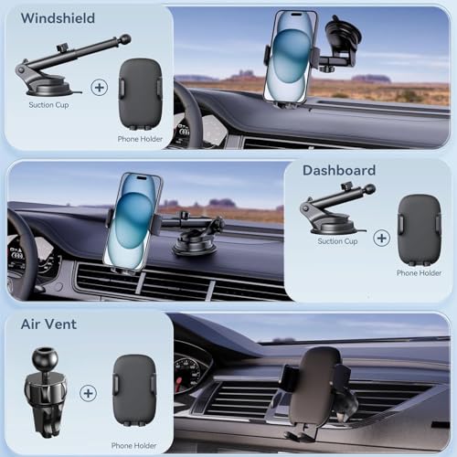 Car Phone Mount, Dashboard Windshield Cell Phone Holder Adjustable Cradle, Truck Stand GPS Holder for iPhone, Samsung, All Smartphones, Black - style: Dual-Mode Vent & Suction Mount