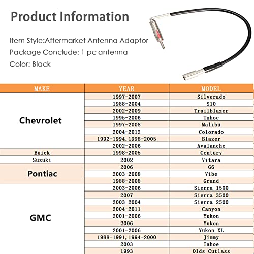 Anina Car Antenna Adapter Automotive Wire Radio Stereo Upgrade Suit for 1993-2006 GMC,1988-2012 Chevrolet, 1988-2008 Pontiac, 1988-2005 Buick Century