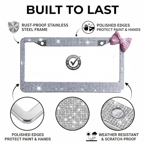 Wanheart 1 Pack White Bling License Plate Frame with Pink Corner Bow - color: White Frame + Pink Bow