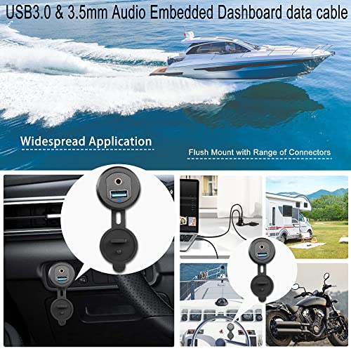 QIANRENON USB3.0 & 3.5mm Audio Threaded Fixed Embedded Car Waterproof Cable 5Gbps TRS 3.5mm & USB3.0 Dashboard Panel Mount Extension Cable, LED Lights, Al Housing, for Car Boat Motorbike,2M/6.5ft