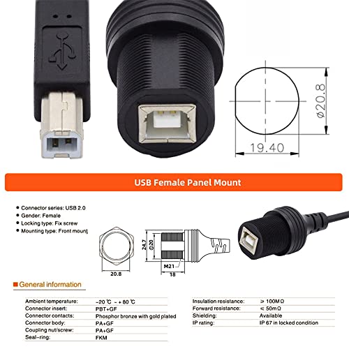 cablecc Waterproof Dustproof 480Mbps USB2.0 Standard B Type Extension Data Power Male to Female Cable Car Panel Mount Design 1m