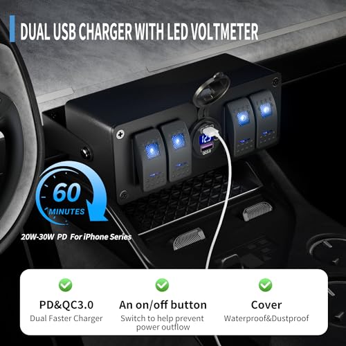 Joinfworld 4 Gang Rocker Switch Box 12V SPST ON/Off Marine Switch Panel 12 Volt Waterproof Blue LED Light Bar with Dual USB Outlet PD3.0 & QC3.0 Car USB Port for Boat Automotive Car Truck RV UTV - size: 4 Gang