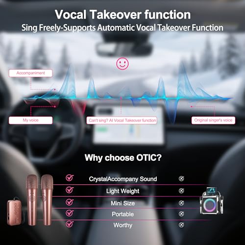OTIC AI Karaoke Microphone, Multifunctional Karaoke Machine & Multi-Pairing Converter, Auto-Vocal Removal/Sing-Along Feature - color: Rose Gold
