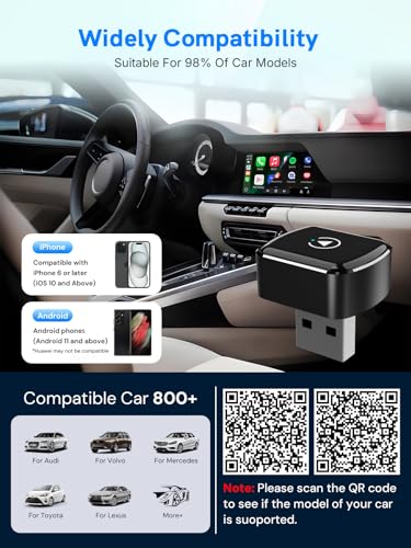 Wireless CarPlay Adapter for Apple iPhone, Mini car Play Android Auto Adapter,Converts Wired to Wireless CarPlay , Multi-User Plug & Play Dongle No Latency,for iOS 10+&Android 11 (Black)