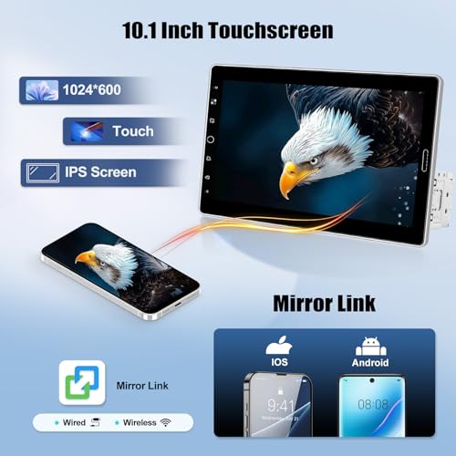 Single Din Car Stereo with Wireless Carplay Android Auto 10.1 Inch IPS Touchscreen Car Radio with Mirror Link Bluetooth 5.2 Handsfree FM RDS EQ USB SWC Car Audio Receiver Backup Camera