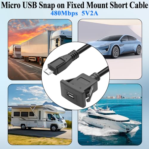 QIANRENON Micro USB Square Snap on Mount Adapter Short Cable Micro USB Male to Female Embedded Fixed Mount Connector Extension Cable, 480Mbps 5V2A, for Snap in Car/RV Dashboard Desktop, 30cm/11.8in