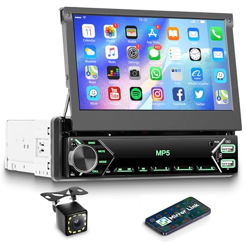 Single Din Flip Out Car Radio with Bluetooth iOS/Android Mirror Link,7 Inch Touch Screen Car Stereo 1 Din with Backup Camera Bluetooth Hands-Free FM Radio USB EQ AUX TF Steering Wheel Control - style: Manual Retractable Screen with Mirror Link