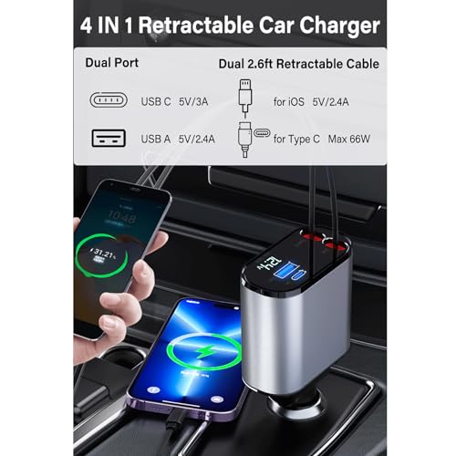 Retractable Car Charger for iPhone 15 Pro Max, Car Cigarette Lighter 66W Fast USB C Phone Charger, 4 in 1 Retractable Type C Car Charger for iPhone/MacBook Pro/Air,Huawei