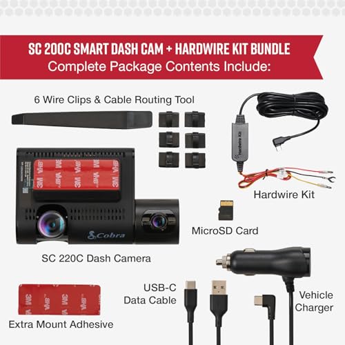 Cobra SC 220C Smart Dash Cam + Cobra 2.5A Micro USB Adapter Hardwire Kit - style: Front and Cabin View