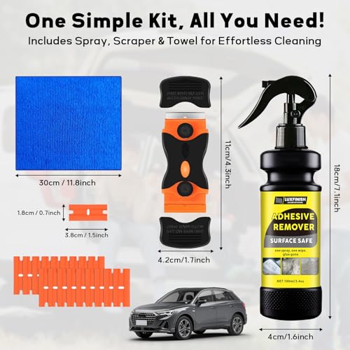 Adhesive Remover Spray with Scraper & Towel - Goo & Glue Gone Remove Stickers, Labels, Tape Residue from Car Paint, Glass, Tile - Safe Multi-Surface Formula - 100ml/3.4oz