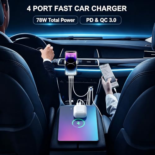 78W 4 Port 12V USB Outlet Car Charger,Dual PD & QC Multiple USB Port for Car, USB C Cigarette Lighter Replacement 12 Volt Socket with Voltmeter Waterproof for Marine Boat Motorcycle RV